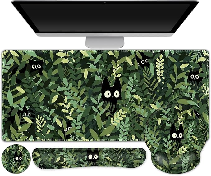 Large Desk Mat Cute Anime Cats Gaming Mouse Pad Desk Pad Protector XXL Mousepad + Keyboard Wrist Rest+Mouse Wrist Rest+Coaster Set with Ergonomic Desk Pad for Home Office PC Computer Green Leaves