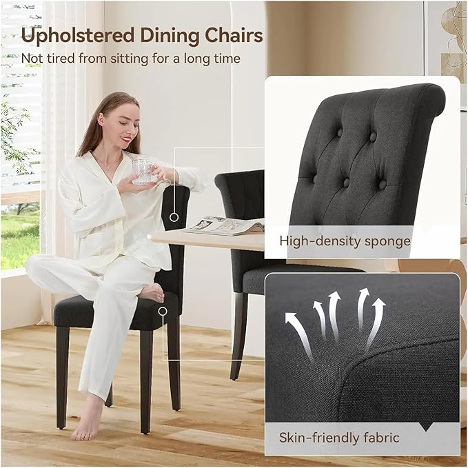 Adjustable Office Computer Chair with Armrest 2pcs Black Fabric Upholstered Dining Chairs with Button Tufted Backrest and Solid Wood Legs