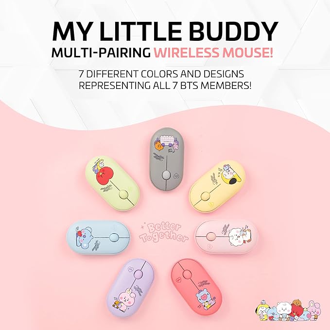 BTS Inspired Characters Multi Pairing Wireless Mouse Little Buddy Baby Better Together Edition All in Their Own Cute Style &amp Colors (RJ)