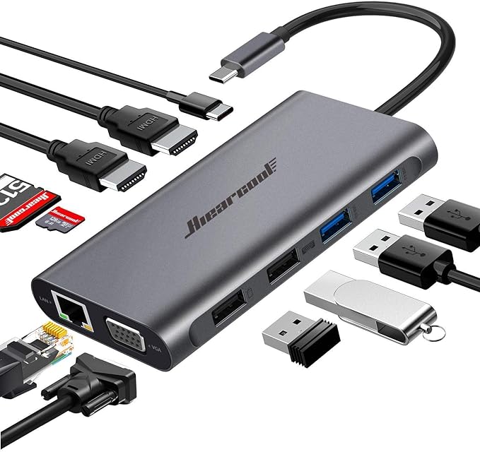 Hiearcool USB-C Docking Station for Laptop Triple Display Dock with 4K HDMI &amp 1080p VGA 11-in-1 USB-C Dock with Ethernet 100W Charging for Home Office
