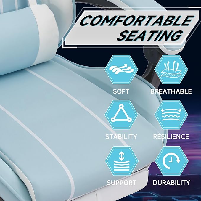 Cute Gaming Chair with Cat Paw Lumbar Cushion and Cat Ears Kawaii Pink Computer Chair with Footrest Ergonomic PC Video Anime Gaming Chairs Recliner for Kids Girls Teens (Blue+White)