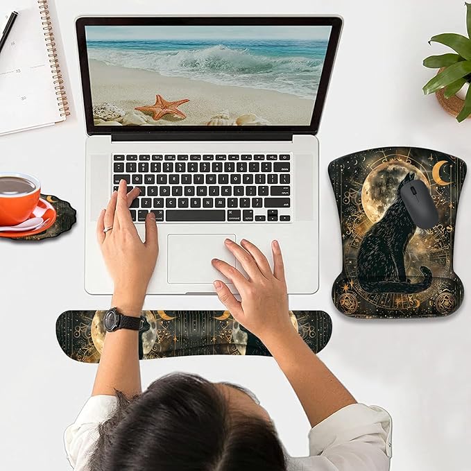 Mouse Wrist Rest and Keyboard Wrist Rest Pad+ Coaster Set Non-Slip Rubber Base Smooth Surface Ergonomic Gaming Mouse Pad for Easy Typing and Pain Relief Divination Black Cat
