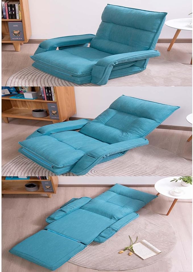 Folding Chaise Lounge Chair with Armrest 6 Adjustable Positions Indoor Floor Chair for Living Room Bedroom BalconyComfy Gaming Recliner Chair Padded Seats for Adults (Blue)