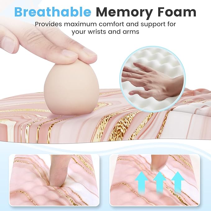 HAOCOO Keyboard Wrist Rest Ergonomic Mouse Pad with Wrist Rest 3 in 1 Keyboard and Mouse pad with Coaster Set Memory Foam Wrist Support Non-Slip PU Base for Home Office Rose Gold Pink