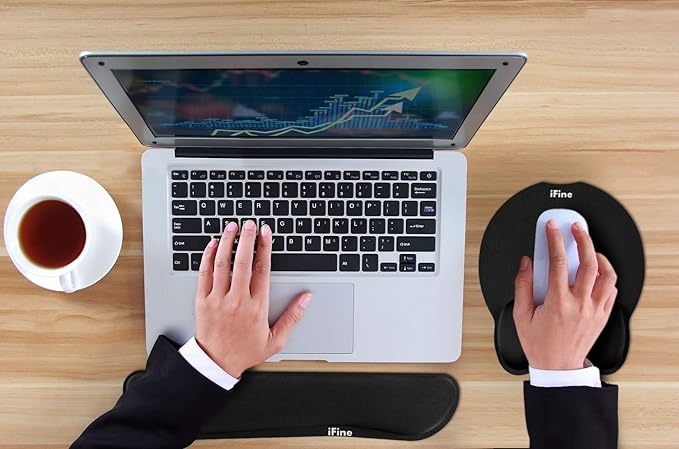 iFine Upgrade Enlarged Superfine Fibre Soft Smooth Memory Foam Ergonomic Mouse Pad &amp Keyboard Wrist Rest for Desktop Mac Gaming or Office Stress Free Typing (Black Two Sets)