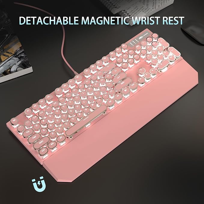 Camiysn Typewriter Style Mechanical Gaming Keyboard Pink Retro Punk Gaming Keyboard with White Backlit 104 Keys Blue Switch Wired Cute Keyboards Round Keycaps for Windows/Mac/PC