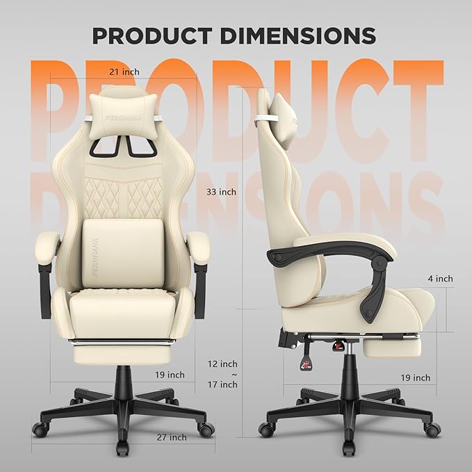 Ferghana Vintage PU Leather Gaming Chair Ergonomic Gamer Chair with Massage High Back Computer Office Chair with Footrest for Adults Racing Style Reclining Video Game Chair (Beige)