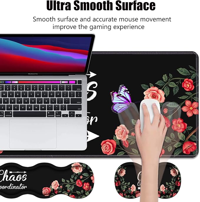 4 in 1 Ergonomic Memory Foam Mouse Pad Wrist Rest Set Large Gaming Desk Pad + Keyboard Wrist Rest + Mouse Wrist Cushion + Coaster for Home Office Study Gaming Colored Floral Quote Chaos Coordinator