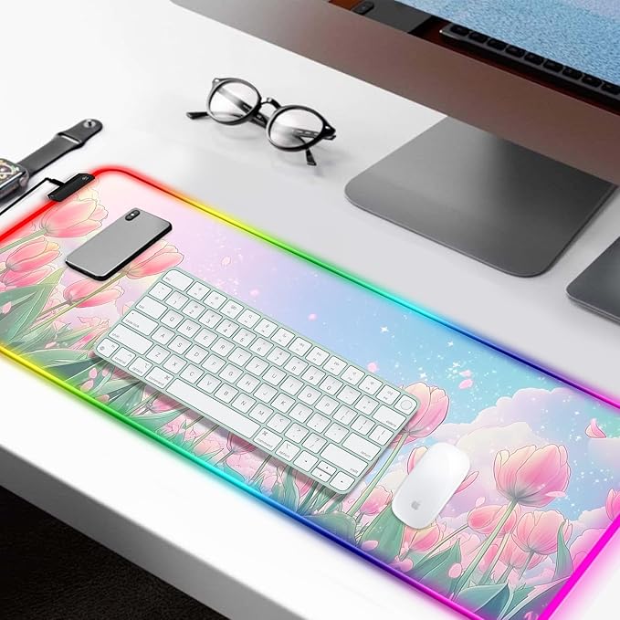 RGB Pink Flower Tulips Gaming Desk Mat Computer Keyboard Large Extended Long Floral LED Mouse Pad for Office and Home XL (W30)