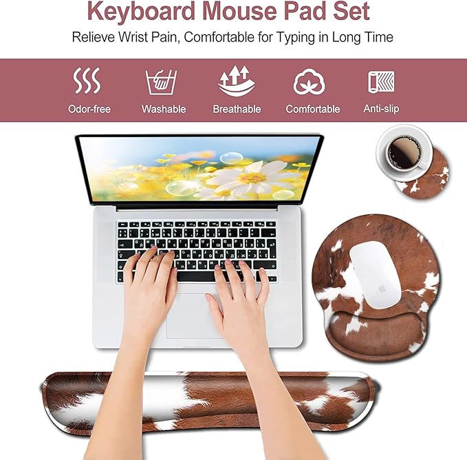 Keyboard Wrist Rest and Mouse Pad with Wrist Support Ergonomic Mousepad Coaster Easy Typing Pain Relief Keyboard Set Memory Foam Keyboard Wrist RestCowhide Farm Animal Skin Leopard Brown Cow