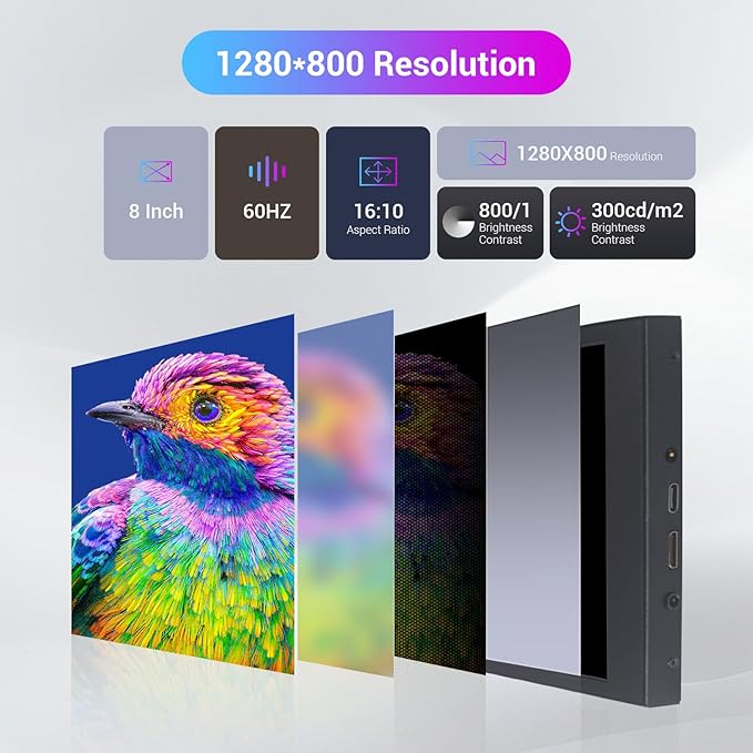 Touch Screen Monitor Portable Monitor 8 Inch Mini HDMI Screen Display1280 * 800 Resolution for PC Laptop Compatible with Raspberry Pi Game Consoles