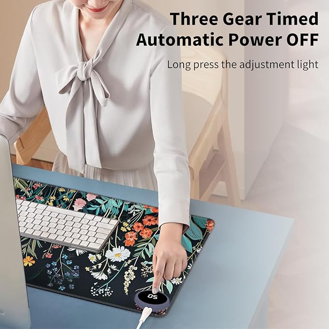 Warm Desk Pad Warm Mouse Pad Gaming Office Desk Matwith 3 Levels Heated &amp 3 Hours Auto Shut - 23.6 x 14.2 inch PU Leather Laptop Keyboard Mat for Home Office Hand WarmerCute Black Flower