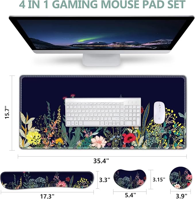 DINKY Keyboard Mouse Pad Set Large Gaming Mousepad + Memory Foam Ergonomic Keyboard Wrist Rest Support Easy Typing Pain Relief 4Pcs (35.4 x 15.7) Extended Desk Mat-Flower Weed