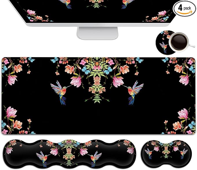 Extended Black Gaming Mouse Pad Ergonomic Memory Foam Keyboard Wrist Rest Support &amp Non-Slip Mouse Wrist Rest for Laptop Desk Writing Pad Hummingbird Watercolor Flower Office Desk MatLarge Mouse