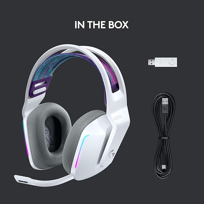 Logitech G733 Lightspeed Wireless Gaming Headset with Suspension Headband LIGHTSYNC RGB Blue VO!CE mic Technology and PRO-G Audio Drivers - White