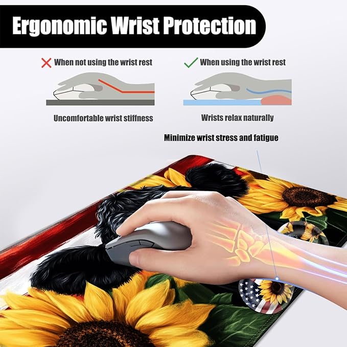 Mouse PadLarge Desk Mat Set 4in1 XL Mousepad + Keyboard Wrist Rest+Mouse Wrist Rest+Coaster with Ergonomic Desk Pad for Home Office Table Computer Cover -American Flag Black Cow