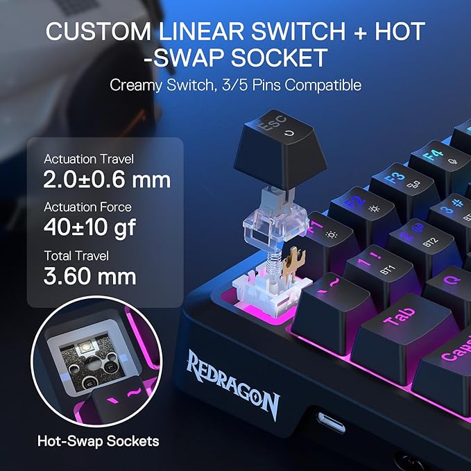 Redragon K724 PRO Wireless Gasket Gaming Keyboard w/Hype Screen &amp Knob 81-Key Mechanical Keyboard Easy-Control 1.14’’ TFT Info Display 5-Layer Noise Dampening Custom Linear Switch