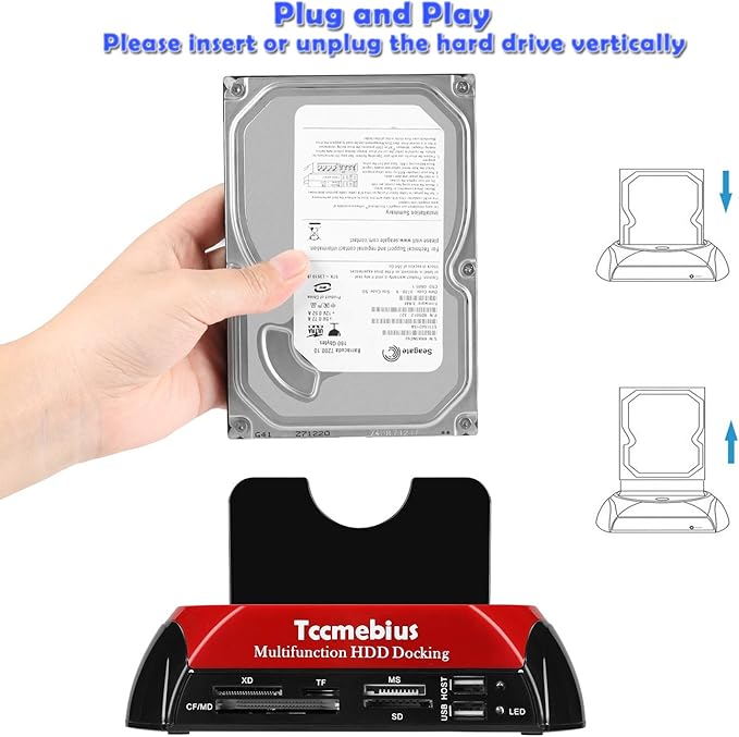 Hard Drive Docking Station TCC-S862-US USB 2.0 to 2.5 3.5 Inch SATA IDE Dual Slots External Enclosure with All in 1 Card Reader and USB 2.0 Hub for 2.5 3.5 IDE SATA I/II/III HDD SSD