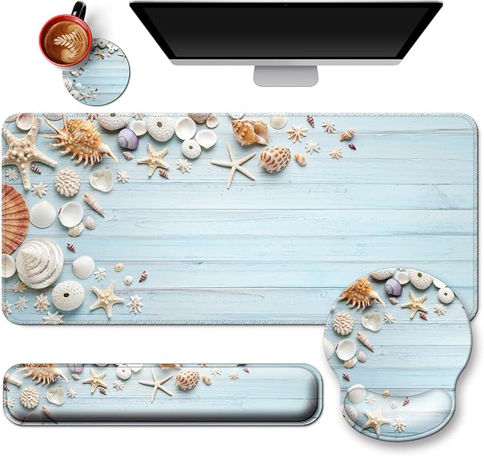Mouse Pad + Desk Mat + Keyboard Wrist Rest + Coaster 4 in 1 Set Cute Ergonomic Large Gaming Mousepad with Wrist Rest Support Desk Pad for Computer Laptop Office Home Decor-Seashells