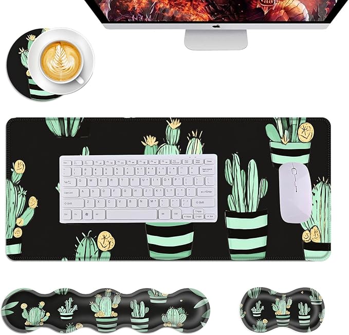 Mouse PadLarge Desk Mat Set 4in1 XL Mousepad + Keyboard Wrist Rest+Mouse Wrist Rest+Coaster with Ergonomic Desk Pad for Home Office Table Computer Cover -Cactus Pattern