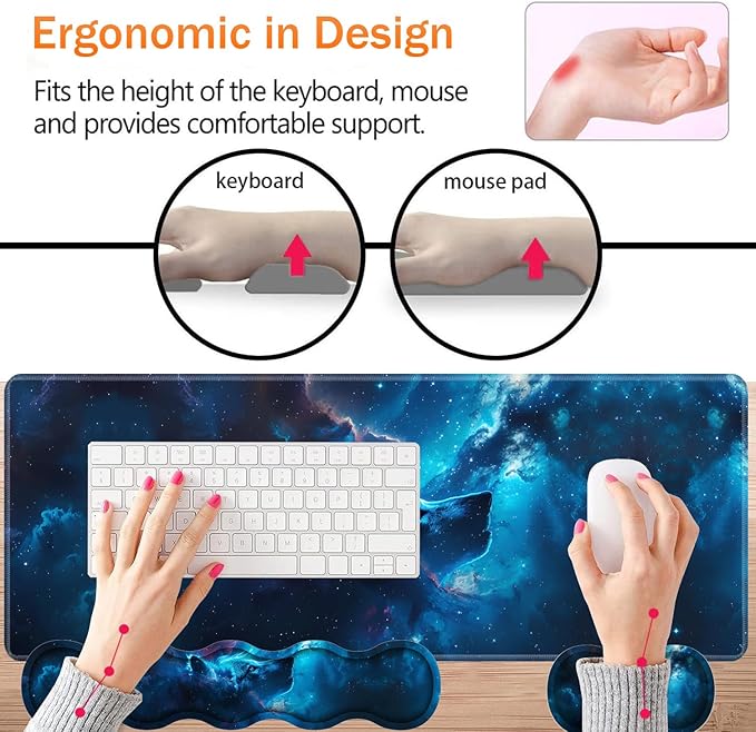 Large XXL Gaming Desk Mat 31.5x 11.8 Ergonomic Keyboard Wrist Rest &amp Mouse Pad Wrist Rest + Coaster Set Non-Slip Base Memory Foam Office and Home Nebular Wolf