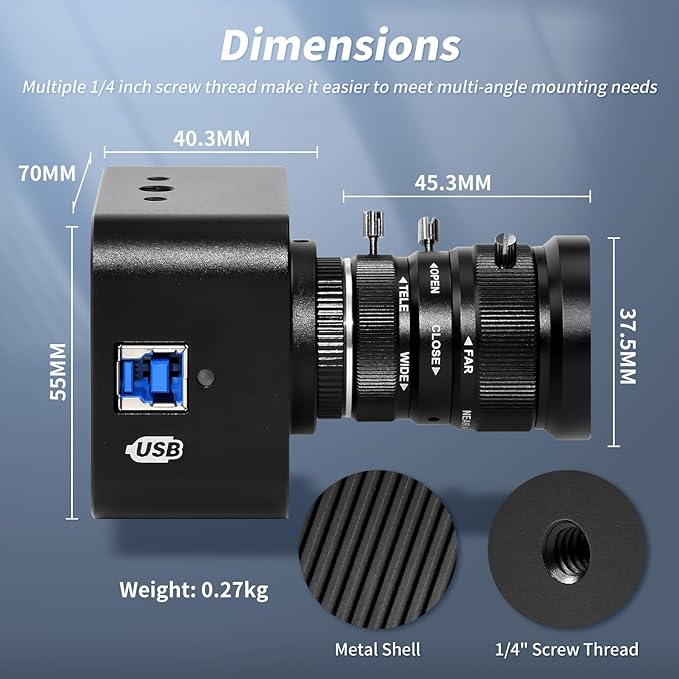 MOKOSE USB Camera 4KUSB3.0 Manual Focus Webcam with 5-12mm Varifocal Lens IMX678 1/1.8 8MP Sensor Support YUY2Web Camera for Desktop Computer Laptop