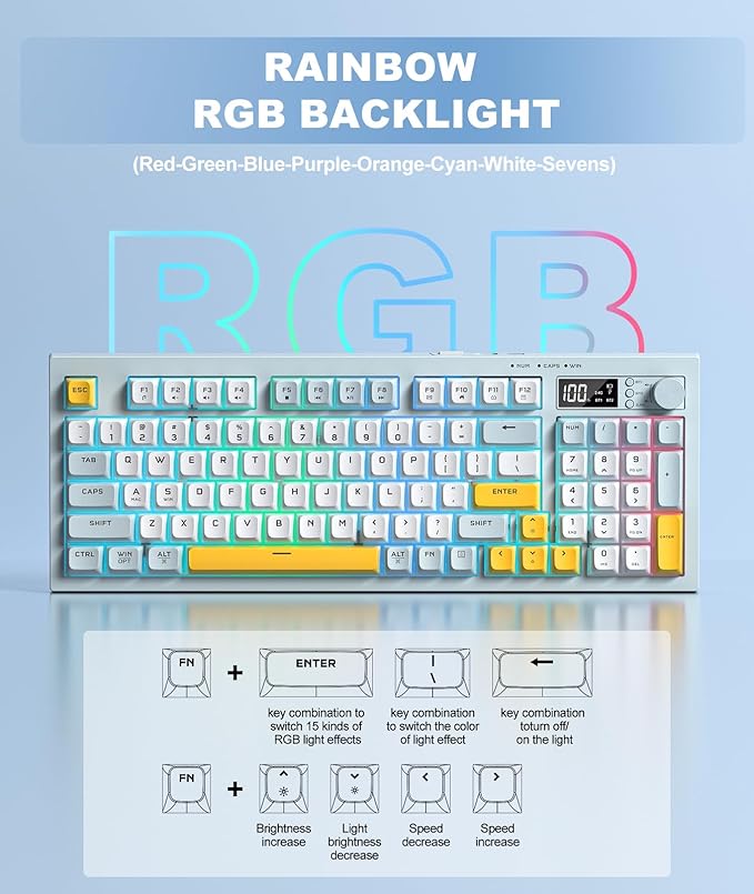 Wireless Keyboard Creamy Membrane with Rainbow Backlight3-Mode Connectivity (BT/2.4G/USB-C) with LCD Screen &amp Multifunction Knob200H Battery 94 Key PBT Keycaps Quiet Typing for Office/Home/Gam