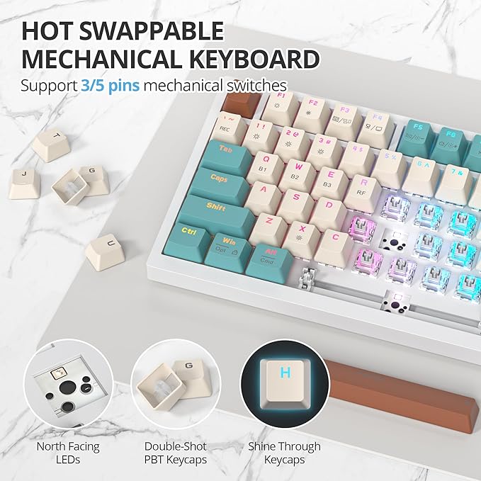 75% Wireless Creamy Mechanical Keyboard Hot Swappable Custom Keyboard RGB Backlit Gasket Gaming Keyboard 2.4G/BT5.0/USB-C Mechanical Gaming Keyboard Pre-lubed Linear Gray Cream Switches