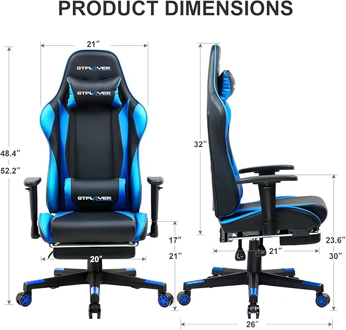GTPLAYER Gaming Chair with Footrest Ergonomic Computer Game Desk Chair Reclining Gamer Chair Seat Height Adjustment Swivel Rocker with Headrest and Lumbar (Blue)