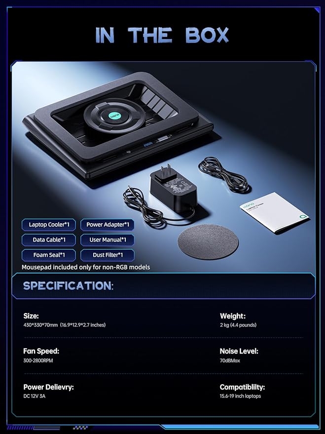 llano V12 Laptop Cooling Pad Gaming Laptop Cooler Stand with 5.5inch Powerful Turbo Fan Adjustable Speed Touch Control 3-Port USB A for Fast Cooling Laptop 15.6-19in Black (No RGB)