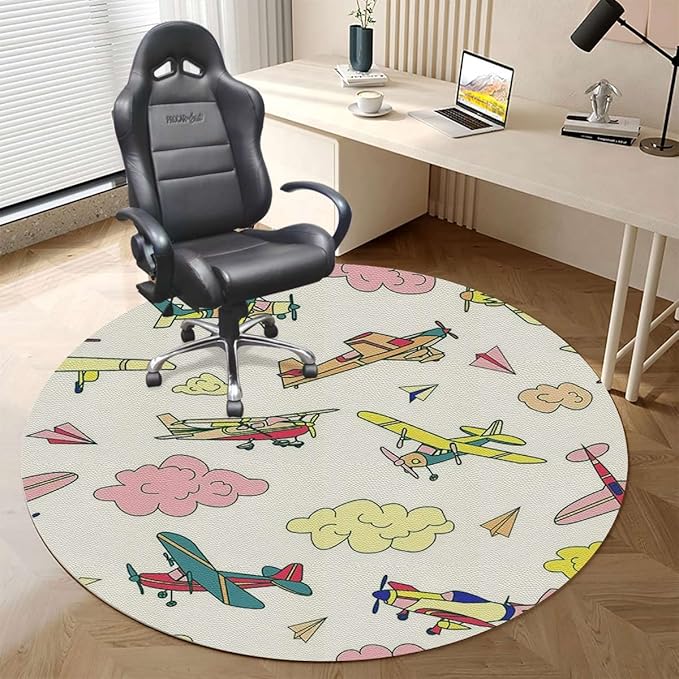 Multicolor PU Leather Round mat Office Chair Mat Hardwood Floor mat Fighter Machinery Allied Cartoon Round Chair Cushion for Office and Home Decoration Chair Cushion Airplane Diameter 55 in