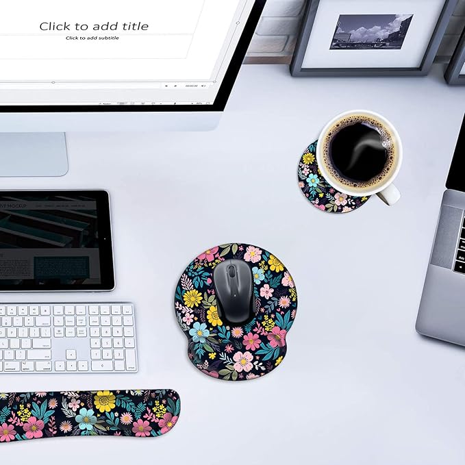 Mouse Pad Wrist Support and Keyboard Wrist Rest with CoasterNon-Slip Rubber Base Ergonomic Gaming Mousepad for Home Office Working Studying Easy Typing &amp Pain ReliefColorful Blooming Floral Flow