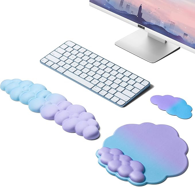 OUEST Cloud Wrist Rest Keyboard and Mouse Pad with Cute Ergonomic Memory Foam Non-Slip PU Base for Computer Mac Laptop Office Gaming-Purple/Cyan