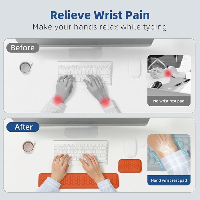 Keyboard Mouse Wrist Rest Pad Comfort Memory Foam Wrist Rest with Non-Slip Silicone Base Leather Surface Ergonomic Keyboard Mouse Wrist Support for Typing Pain Relief (Hermes Orange)