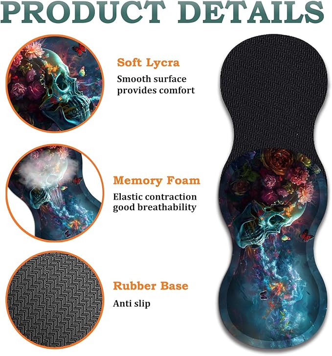 Large Gaming Mouse Pad + Wrist Rest + Lace Coaster Non-Slip Set with Sewn Edges and Waterproof Expandable Desktop Pad Suitable for Office/Home Butterfly and Skull Flowers