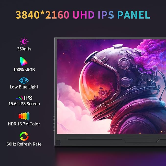 4K Portable Monitor 15.6 3840x2160 IPS Laptop Screen USB C HDMI Computer Gaming Display with Speakers &amp Smart Cover Travel Monitor for PC Phone PS5/4 Xbox Switch
