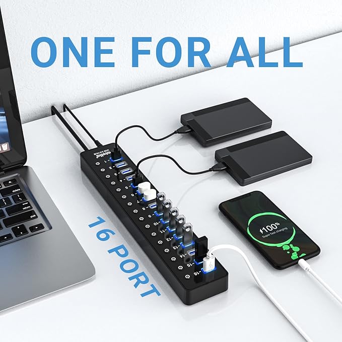 Power USB Hub 3.0 atolla 16 Port USB Splitter with 12V/6A Power Adapter and Individual Switches High-Speed Data Transfer for Laptop PC Mac and More Devices