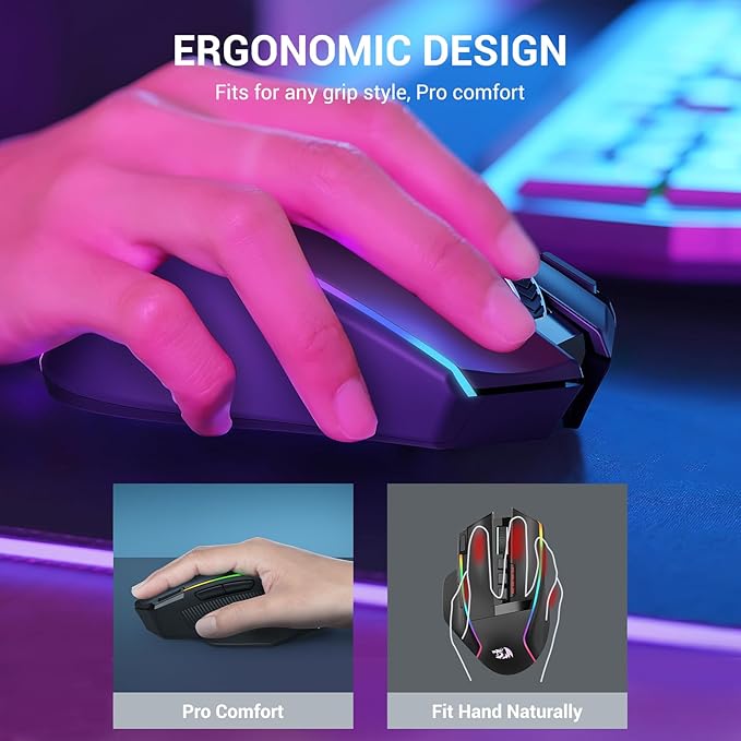 Redragon Wireless Gaming Mouse Ergonomic Mouse 16000 DPI with Rapid Fire Key 9 Macro Buttons 170-Hour Durable Power Capacity and RGB Backlight Wired/Wireless Mouse for Laptop/Mac/PC