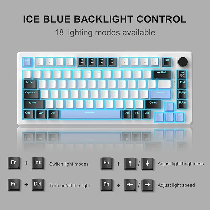 MageGee 75% Mechanical Gaming Keyboard Compact Blue Backlit Wired Gaming Keyboards with Brown Switches EVA Foam Knob Control STAR75 Portable NKRO PC Gaming Keyboard - White &amp Blue