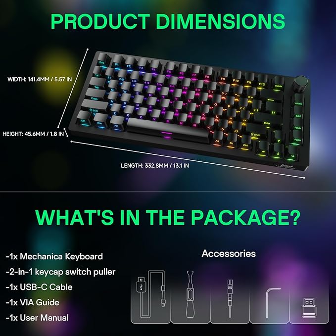 HINATSUSIKE H83 Pro 75 Percent Wireless Mechanical Keyboard for Gaming Hot-Swappable with Knob RGB Backlit Pre-Lubed Cardamom Linear Switches Side-Printed PBT Keycaps 2.4G/BT5.0/USB-C Black