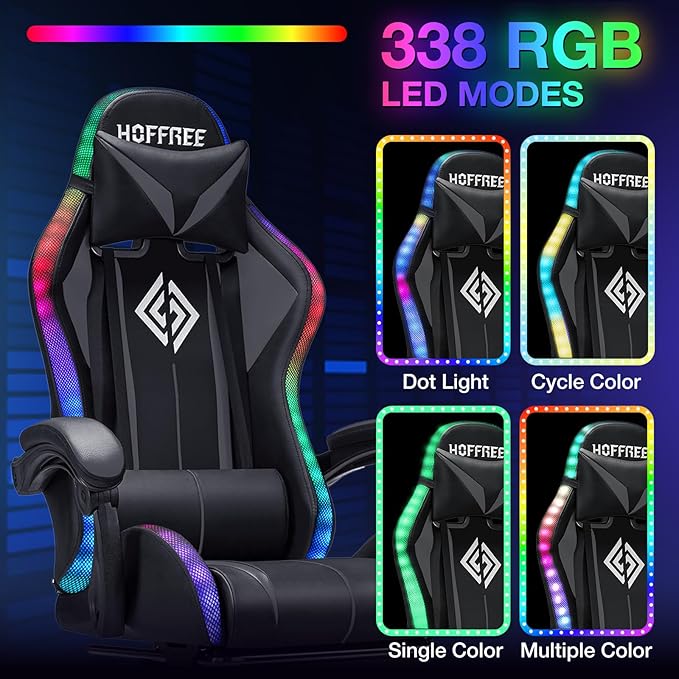 Gaming Chair with Bluetooth Speakers and LED RGB Lights Ergonomic Massage Computer Gaming Chair with Footrest High Back Music Video Game Chair with Lumbar Support Grey and Black