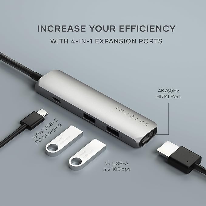 Satechi 4 in 1 USB C Hub Multiport Adapter with HDMI 4K@60Hz 100W PD Charging 2X USB-A Data Ports for MacBook Air/Pro M5/M4 iPad Windows – Space Gray
