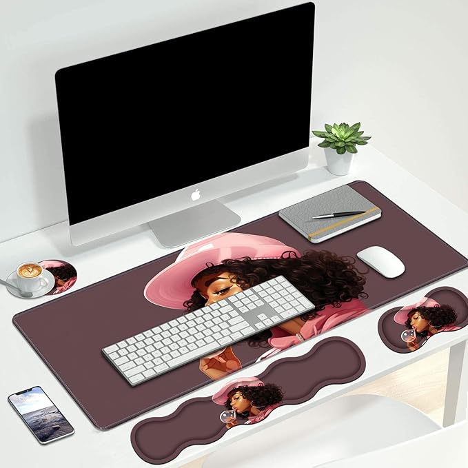4 in 1 Ergonomic Keyboard Wrist Rest &amp Mouse Pad Wrist Rest Set Large XXL Gaming Desk Mat 31.5x 11.8 with Non-Slip Base Memory Foam for Home Office Study Gaming African American Black Girl