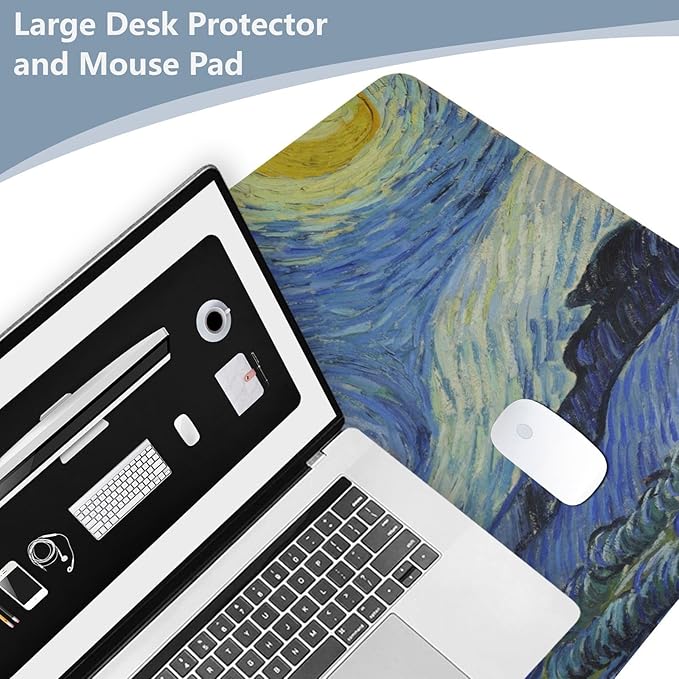Mouse Pad Desk Mat Leather Desk Pad Large Gaming Desk Cover Protector Mat for Keyboard Computer Laptop Office Waterproof 47.2 x 23.6 Inch Van Gogh Starry Night