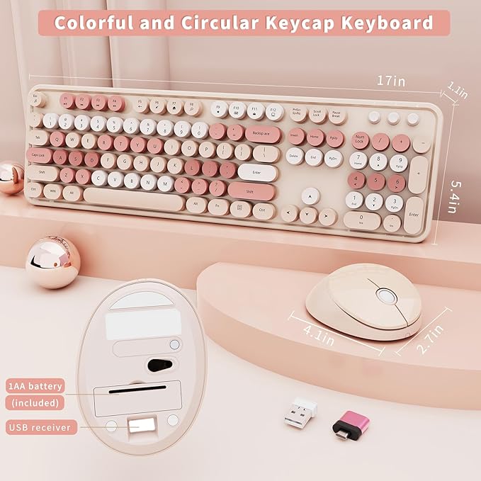 Wireless Keyboard and Mouse Full-Size Typewriter Keyboard with Retro Round Keycaps Ergonomic Design Compatible with Windows PCs Ideal for Home and Office. (Milk Tea)
