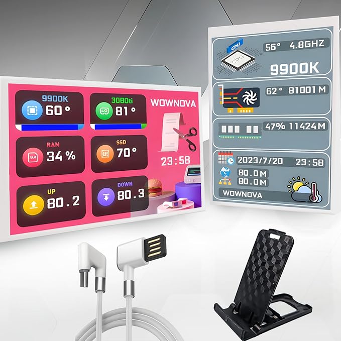 WOWNOVA White 3.5in Computer Temp Monitor ARGB PC Case Secondary Screen USB Mini Screen IPS Display for CPU RAM HDD Data Monitor