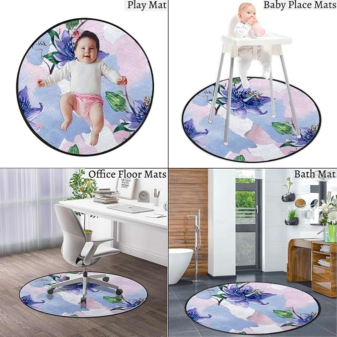 Romantic Flower Round Office Chair Mat for Hardwood Floor Computer Gaming Rolling Chair Mat Floor Protector Mat Desk Rug Rustic Floral Design LavenderPale Blue Green Diameter 35.5 in