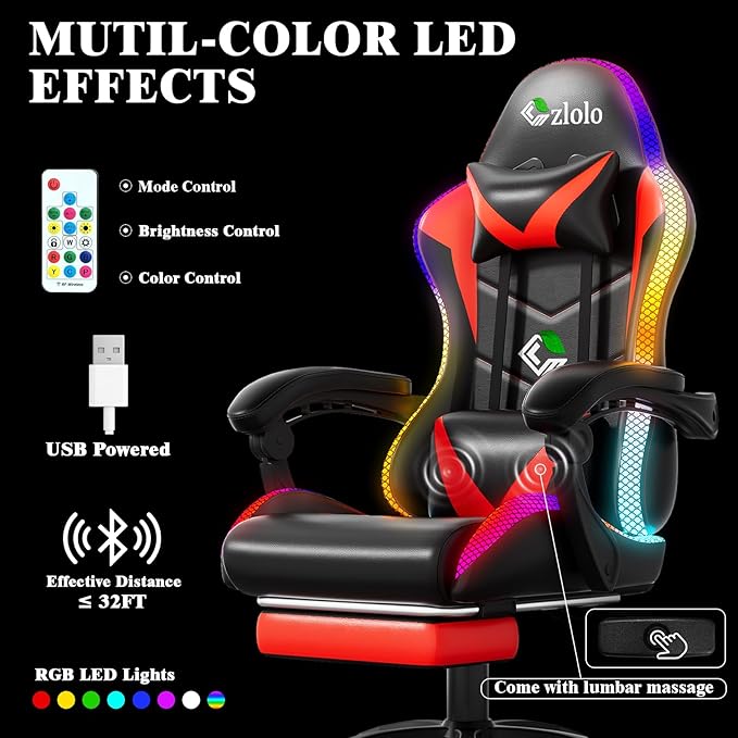 Gaming Chair Racing Style RGB LED Lights Gaming Chairs for Adults and Kids Lumbar Massager Gamer Chair High Back Reclining Computer Chair with Footrest and Headrest (Black/Red)