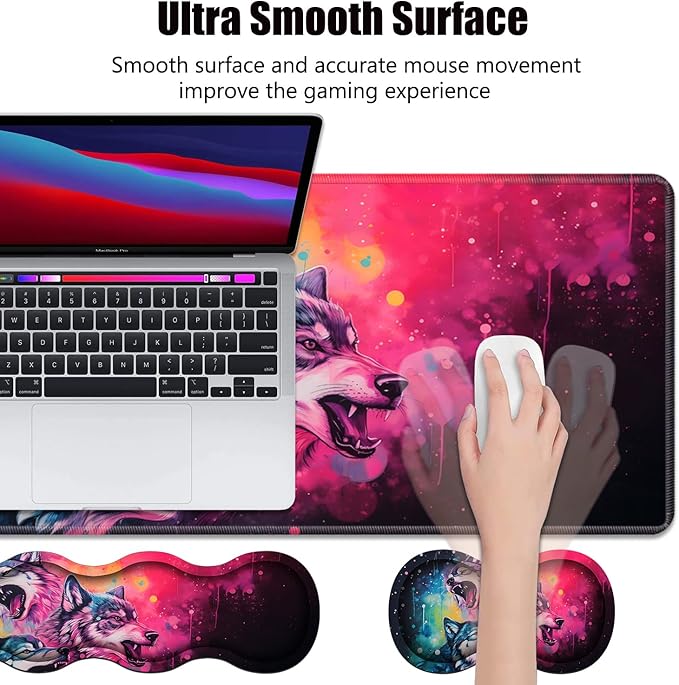 4 in 1 Ergonomic Memory Foam Mouse Pad Wrist Rest Set Large XXL Gaming Desk Pad + Keyboard Wrist Rest + Mouse Wrist Cushion + Coaster for Home Office Study Gaming Watercolor Art Wolf Howling