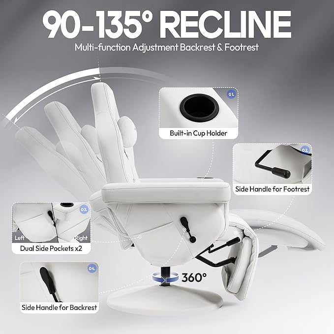 Dowinx Racing Style Gaming Recliner Chair with Massage Lumbar Support Footrest Cup Holder Side Pouch High Back Ergonomic Video Game Chair Reclining No Wheels Heavy Duty Leather White